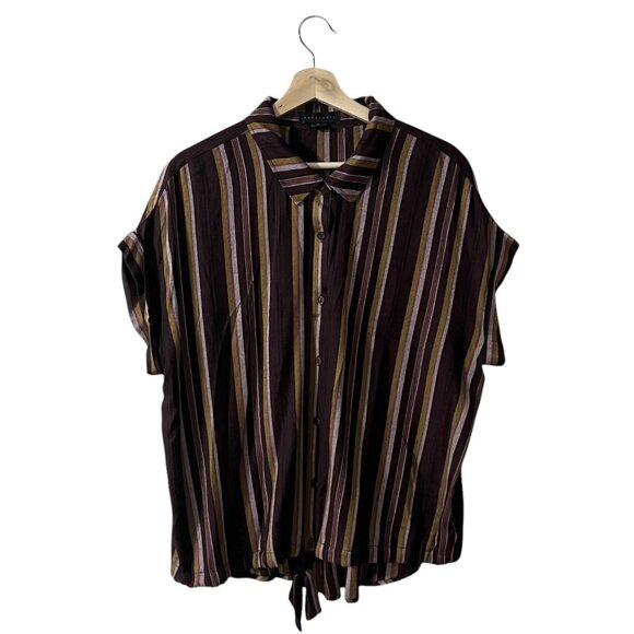 Sanctuary Camp Shirt Size XL Maroon Red Multi Striped Hem Cinch Tie Button Up - Picture 1 of 7